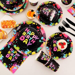 Gudvilla Neon Birthday Party Decorations,169pcs Neon Plates Birthday Plates and Napkins for Glow in The Dark Party Supplies 80s Graffiti Glow Birthday Party Decorations Serves 24