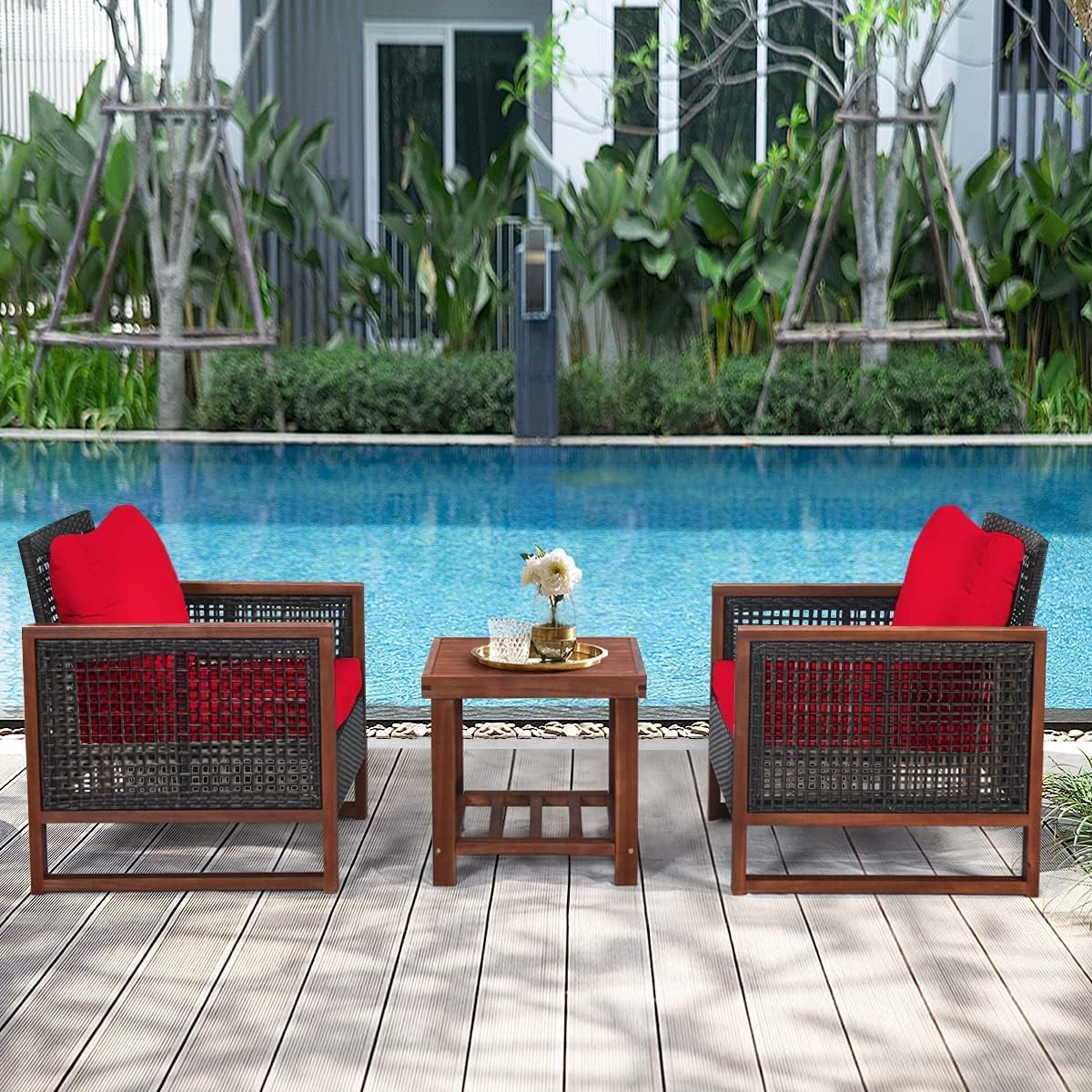 LDAILY 3 Pieces Patio Furniture Set, Rattan Outdoor Front Porch Chairs with Wood Coffee Table & Cushion, Comfy Wicker Conversation Patio Set for Movie Seating, Balcony, Garden, Poolside (Red)