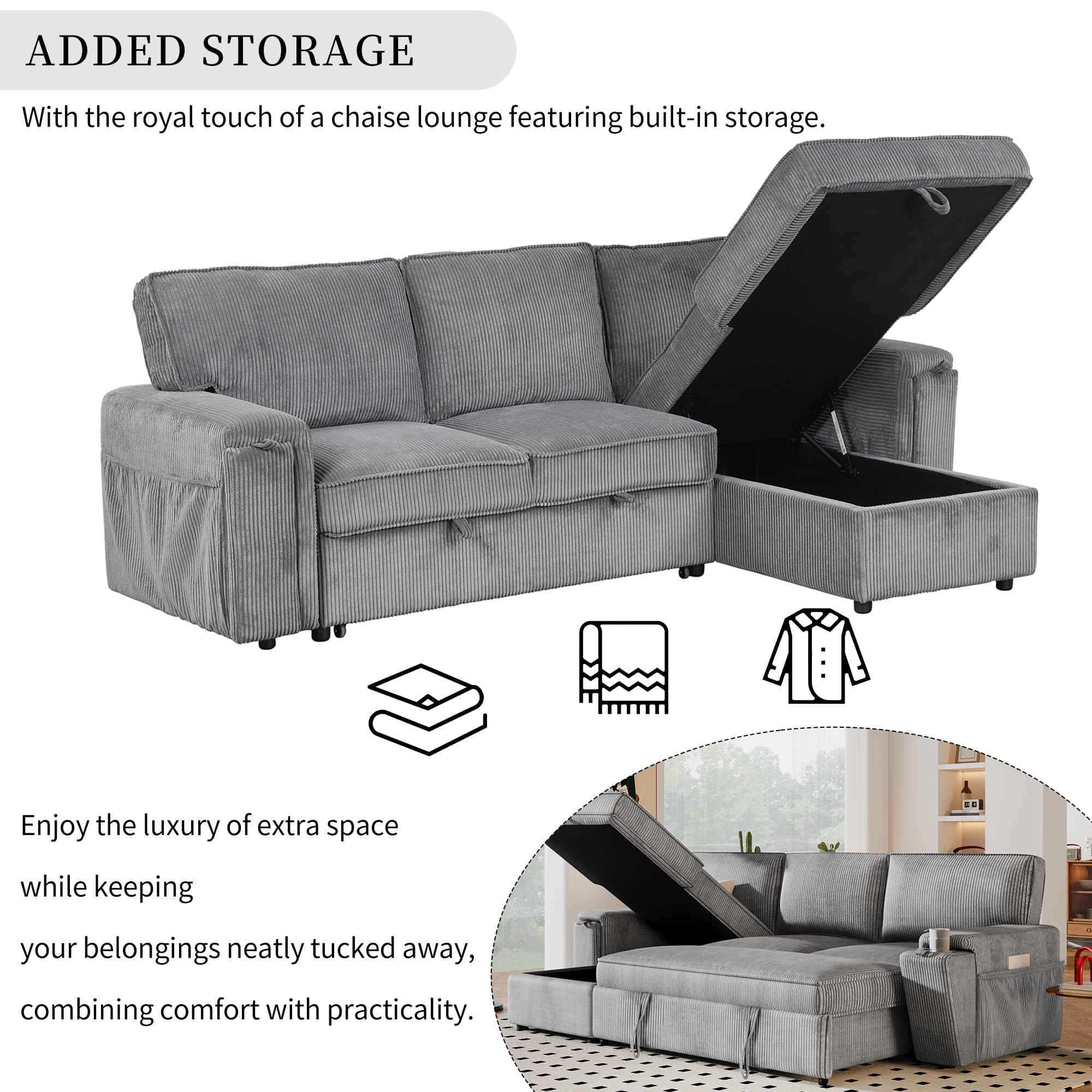 Corduroy Upholstered Convertible Sleeper Sectional Couch Pull Out Sofa Bed ,4 Seater L Shaped Corner Sofa&Couch Sofabed with Reversible Storage Chaise Lounge and Cupholders for Living Room Office