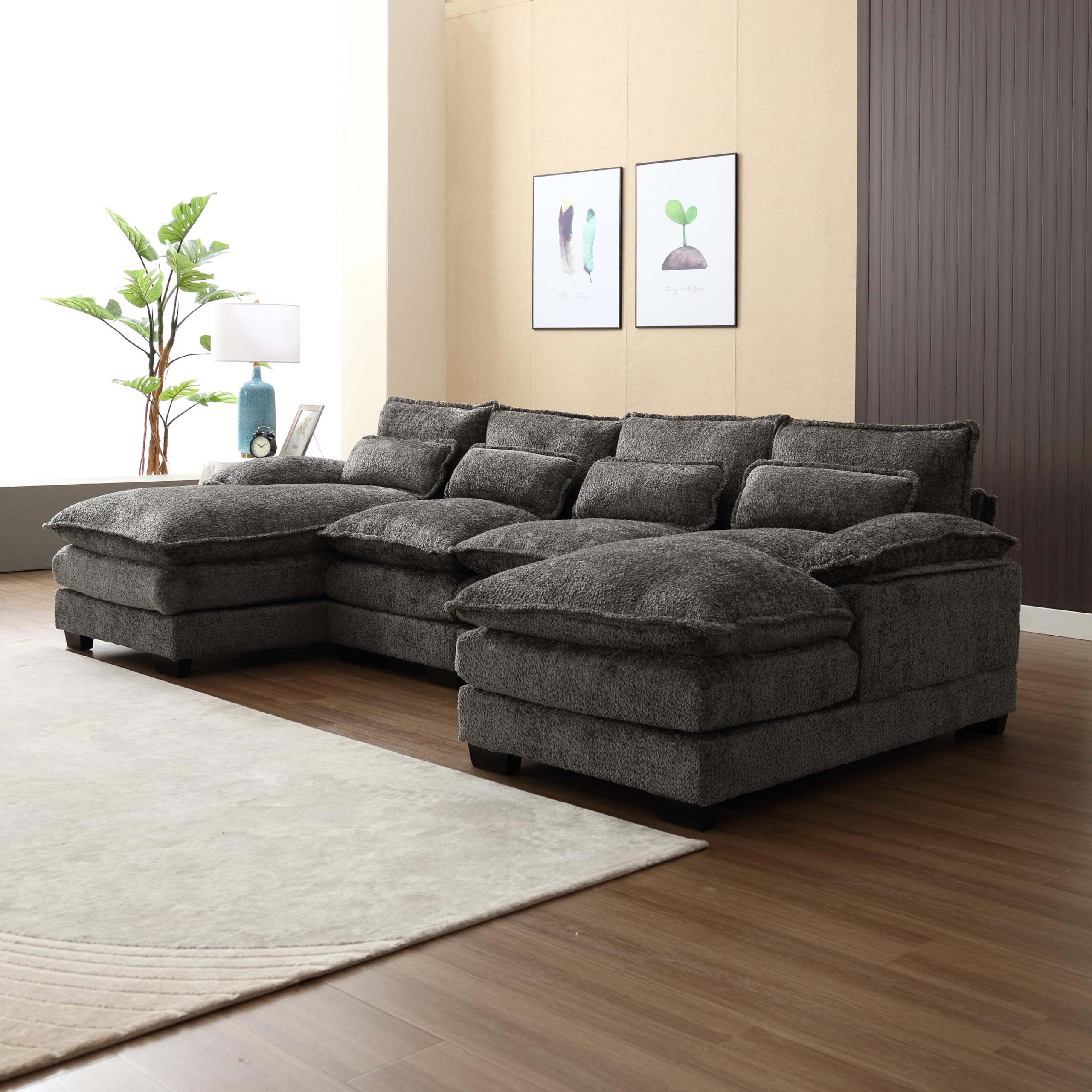 Oversized Modular Sectional Sofa Cloud Couch, U Shaped Chenille Upholstered Overstuffed Corner Couch with Double Chiase Lounge and Solid Wood Legs, 6 Seater Soft Sleeper Sofa&Couches for Home