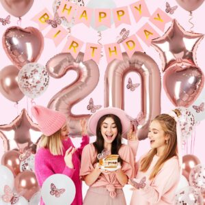 Rose Gold 20th Birthday Decorations for Girl, 20 Year Old Birthday Sign with Happy Birthday Banner, 40In Number 20 Foil Birthday Balloons, Butterfly Decorations, Heart and Star Balloons