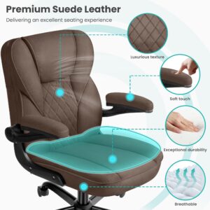 Brick Attic Office Chair - Executive Office Chair with Wheels, Ergonomic Home Office Desk Chairs, Comfortable Suede Leather Office Chair with Flip Up Armrests, Swivel Rolling Computer Desk Chair Brown