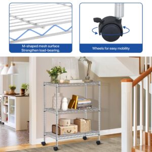 WYGMAV 3 Tier Shelf Metal Wire Shelving Unit Adjustable Storage Shelves Small Storage Rack Heavy Duty Steel Standing Shelf Units for Restaurant, Garage, Kitchen Metal Shelf with Wheels, Chrome