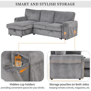 Corduroy Upholstered Convertible Sleeper Sectional Couch Pull Out Sofa Bed ,4 Seater L Shaped Corner Sofa&Couch Sofabed with Reversible Storage Chaise Lounge and Cupholders for Living Room Office