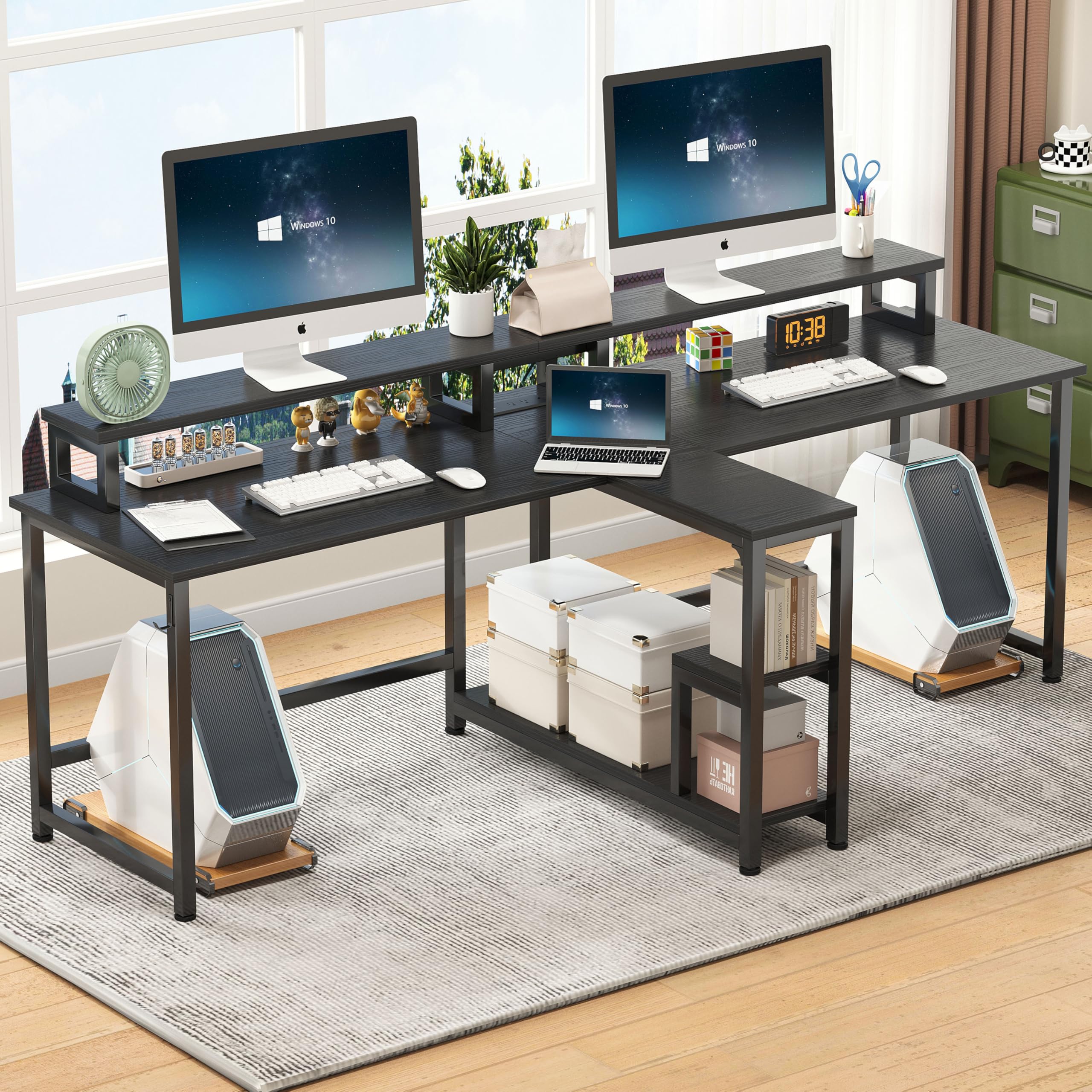 MUTUN Two Person Desk, 83.7 Inch Computer Office Double Desk with Monitor Stand and Power Outlets, Rustic Writing Desk Workstation with Shelves, Long Desk for Home Office, Black