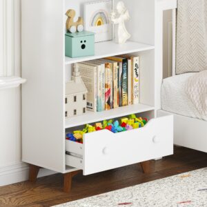 UTEX Kids Bookshelf, Kids Toy Storage Organizer with Drawer and Legs, Mid-Century Bookcase with Storage, Toy Shelf for Kids Room, Classroom, Nursery, White