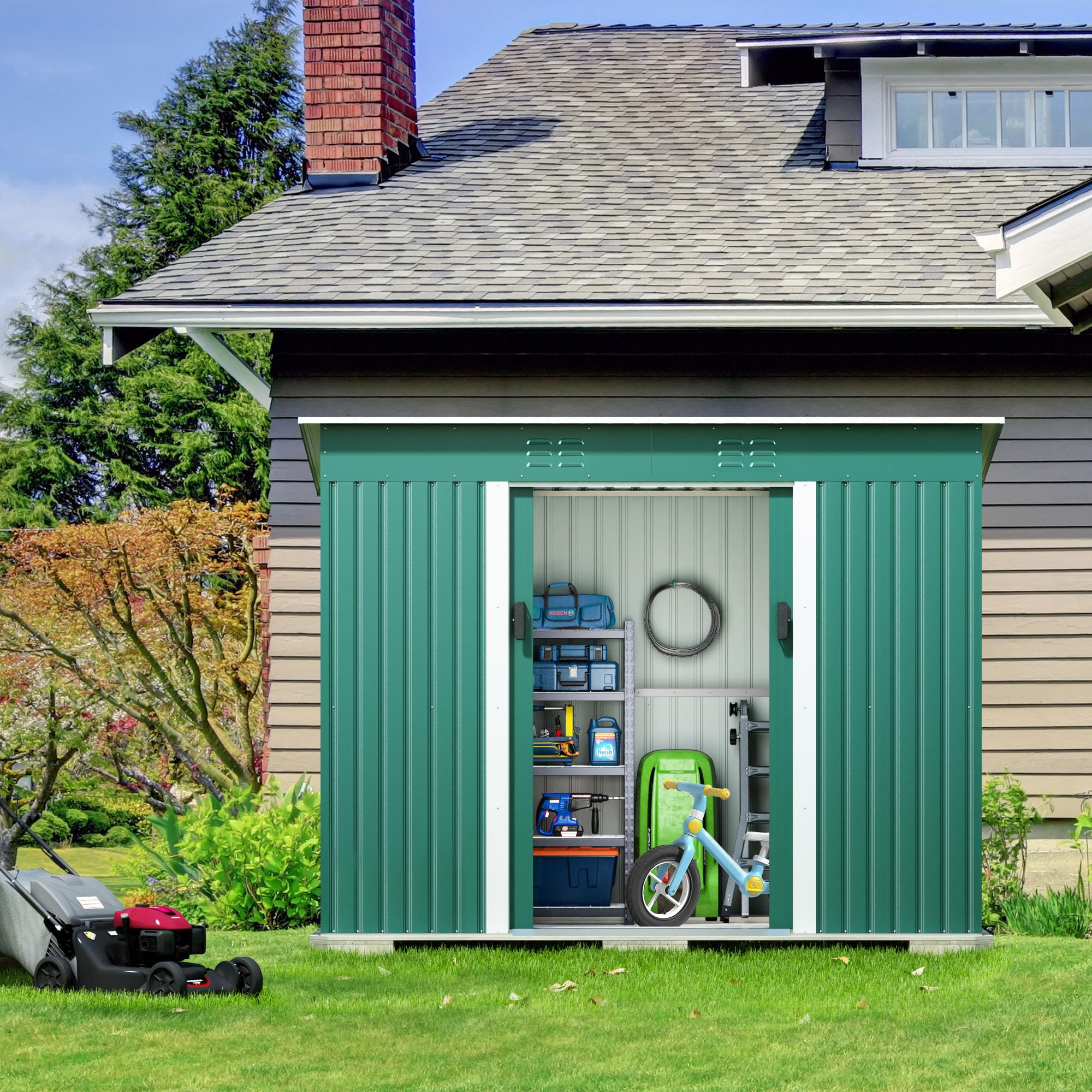 Generic 4.2 x 9.1 Ft Outdoor Storage Shed, Metal Tool Shed with Lockable Doors Vents, Utility Garden Shed for Patio Lawn Backyard (Green)