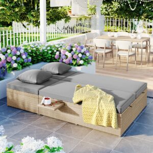 WILLIAMSPACE Outdoor Double Chaise Lounge Sunbed Patio Daybed with Adjustable Backrest & Cushions, Wicker Rattan Patio Reclining Daybed with Foldable Cup Trays for Lawn, Poolside (Brown)