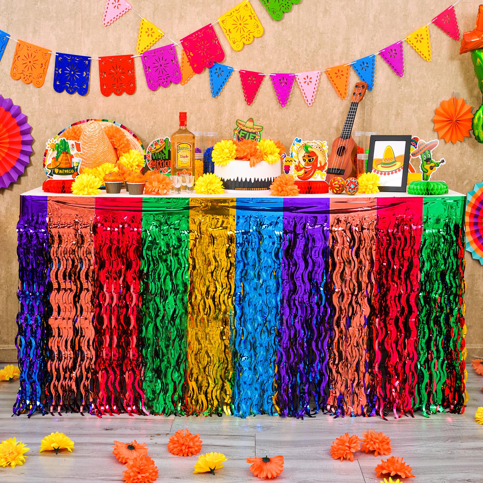 Mega-L Fiesta Party Decorations 2Pack Mexican Wavy Metallic Tinsel Foil Fringe Table Skirt for Dia De Los Muertos Table,Day of The Dead Decorations Perfect for Taco Birthday Party,Cinco de Mayo Decor