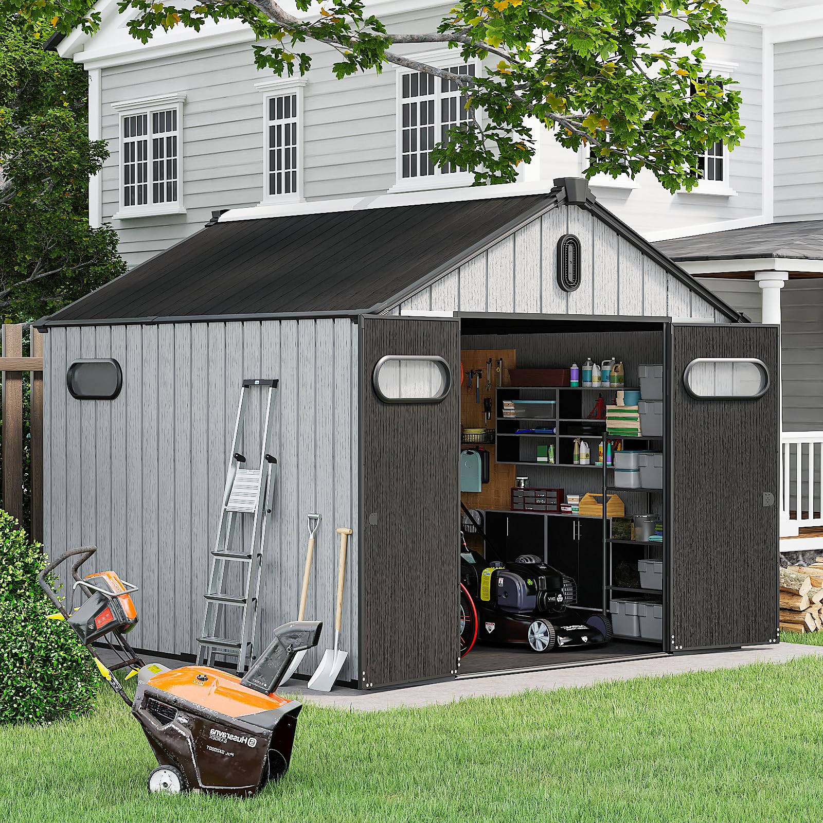 Jolydale 10'x8' Resin Outdoor Storage Shed - Secure Bike, Tool, & Garbage Can Storage with Lockable Door for Backyard, Lawn, & Patio Use