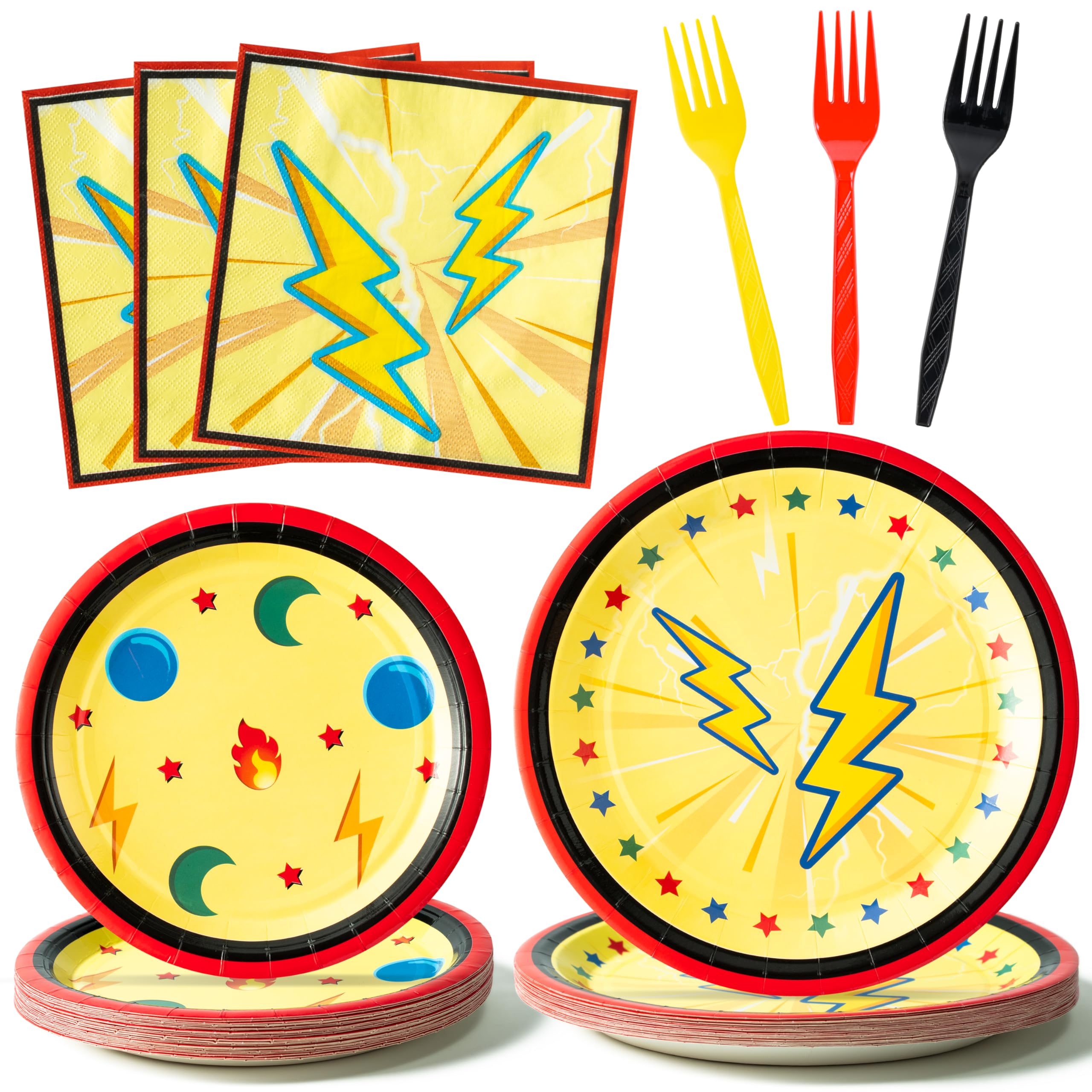 BOpusail 96Pcs Cartoon Lightning Bolts Party Tableware Set Disposable Dinnerware Paper Dinner Plates Dessert Plate Napkins Plastic Forks Party Supplies for Kids Birthday Baby Shower Serves 24 Guests