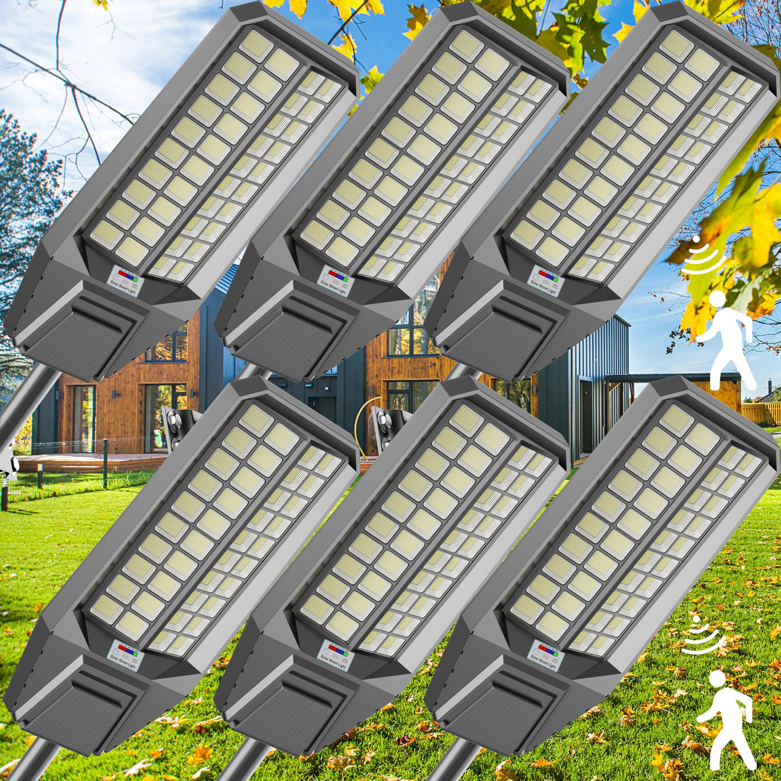 Jadisi 6-Pack 24000W Solar Street Light - 1800000 Lumens, Dusk-to-Dawn, Waterproof, Ideal for Commercial & Outdoor Parking Lots - Energy-Efficient Solar-Powered, 3-Year Warranty