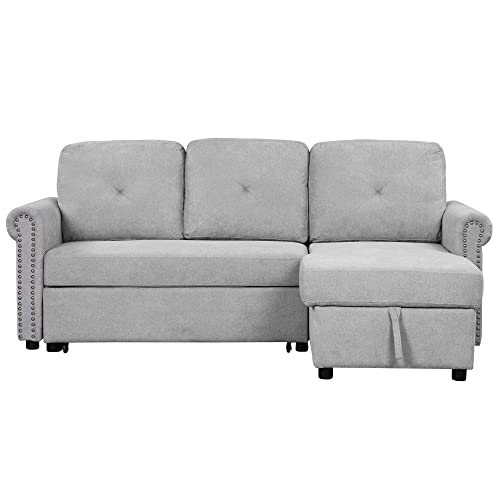 FANYE Convertible Sectional Sofa with Pull Out Sleeper Couch Bed and Reversible Storage Chaise, L-Shaped 3 Seater Corner Sofa&Couch W/Tufted Back for Home Office Apartment Living Room, Light Gray 83"