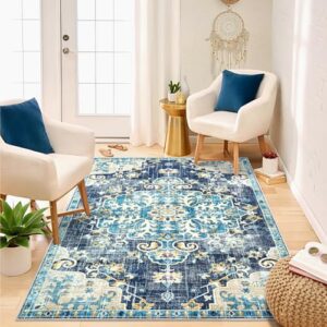 area rug 3x5 entryway rug - washable vintage floral boho area rug non-slip kitchen rug soft low-pile indoor door mat, small oriental throw rug for entrance hallway bedroom (blue, 3'x5')