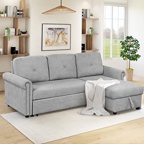 FANYE Convertible Sectional Sofa with Pull Out Sleeper Couch Bed and Reversible Storage Chaise, L-Shaped 3 Seater Corner Sofa&Couch W/Tufted Back for Home Office Apartment Living Room, Light Gray 83"