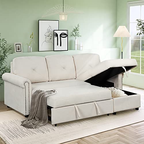 FANYE Convertible Sectional Sofa with Pull Out Sleeper Couch Bed and Reversible Storage Chaise, L-Shaped 3 Seater Corner Sofa&Couch W/Tufted Back for Home Office Apartment Living Room, Beige 83"