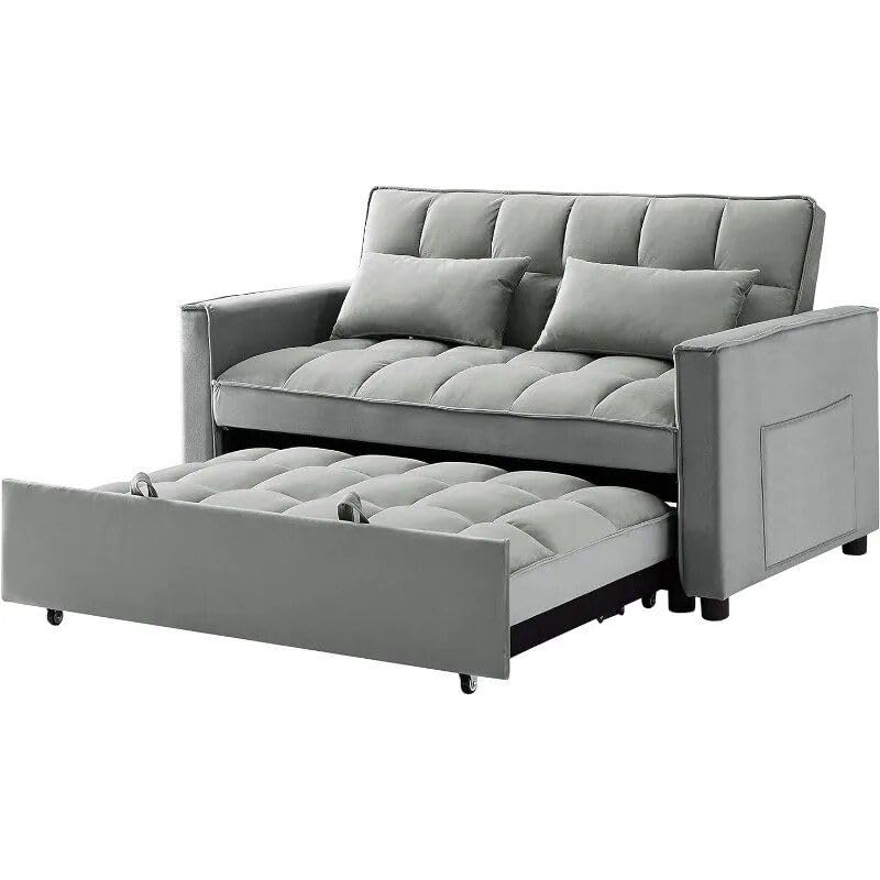 Generic Velvet 3-in-1 Convertible Sleeper Loveseat, 55.2*32.3*35.04in, Grey