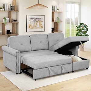 fanye convertible sectional sofa with pull out sleeper couch bed and reversible storage chaise, l-shaped 3 seater corner sofa&couch w/tufted back for home office apartment living room, light gray 83"