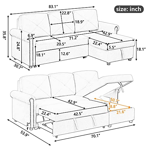 FANYE Convertible Sectional Sofa with Pull Out Sleeper Couch Bed and Reversible Storage Chaise, L-Shaped 3 Seater Corner Sofa&Couch W/Tufted Back for Home Office Apartment Living Room, Light Gray 83"