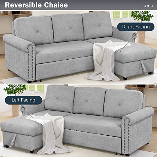 FANYE Convertible Sectional Sofa with Pull Out Sleeper Couch Bed and Reversible Storage Chaise, L-Shaped 3 Seater Corner Sofa&Couch W/Tufted Back for Home Office Apartment Living Room, Light Gray 83"