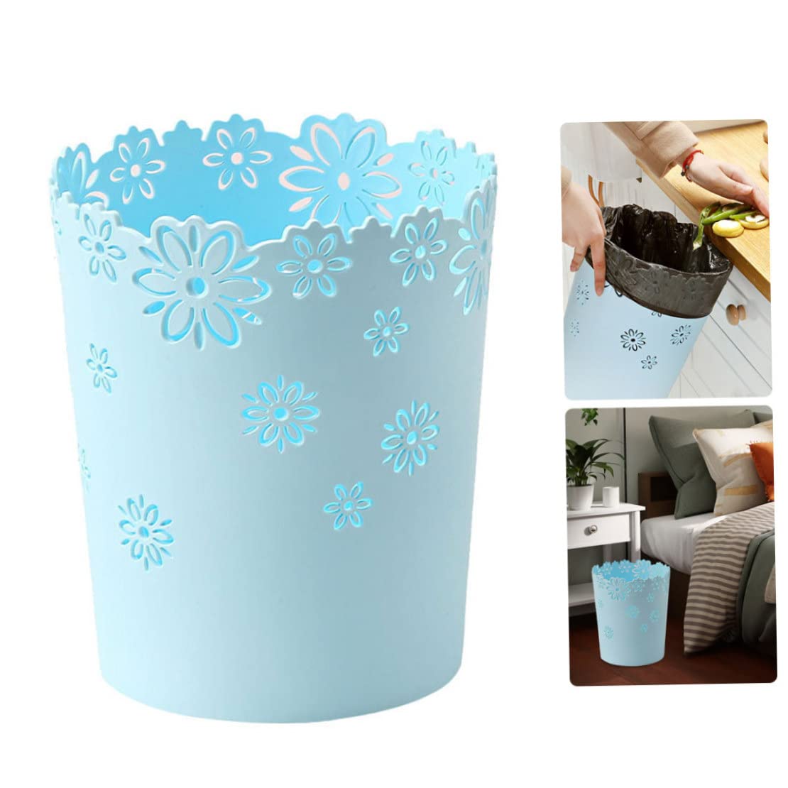 Plastic Trash Can Hollow Flower Wastepaper Basket Round Lidless Garbage Container Bin Blue Paper Basket