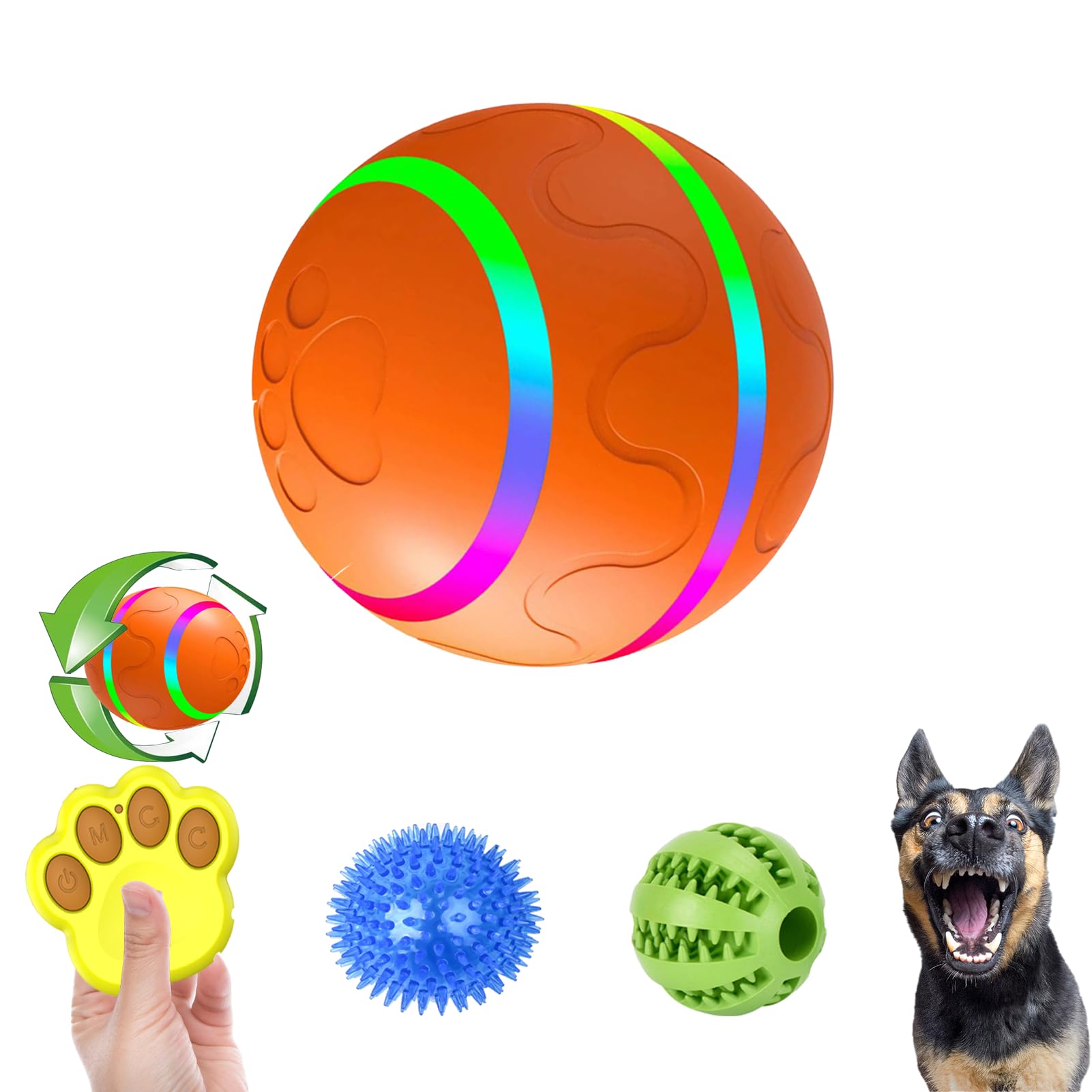 ChiDuoDuo Interactive Dog Ball Toys is Designed to Alleviate Dogs' Boredom,Automatic Rolling & Bouncing, LED Lights&Two Switchable Modes Controlled Remotely,Two Squeaky&Chew Dog Ball Toy, Orange