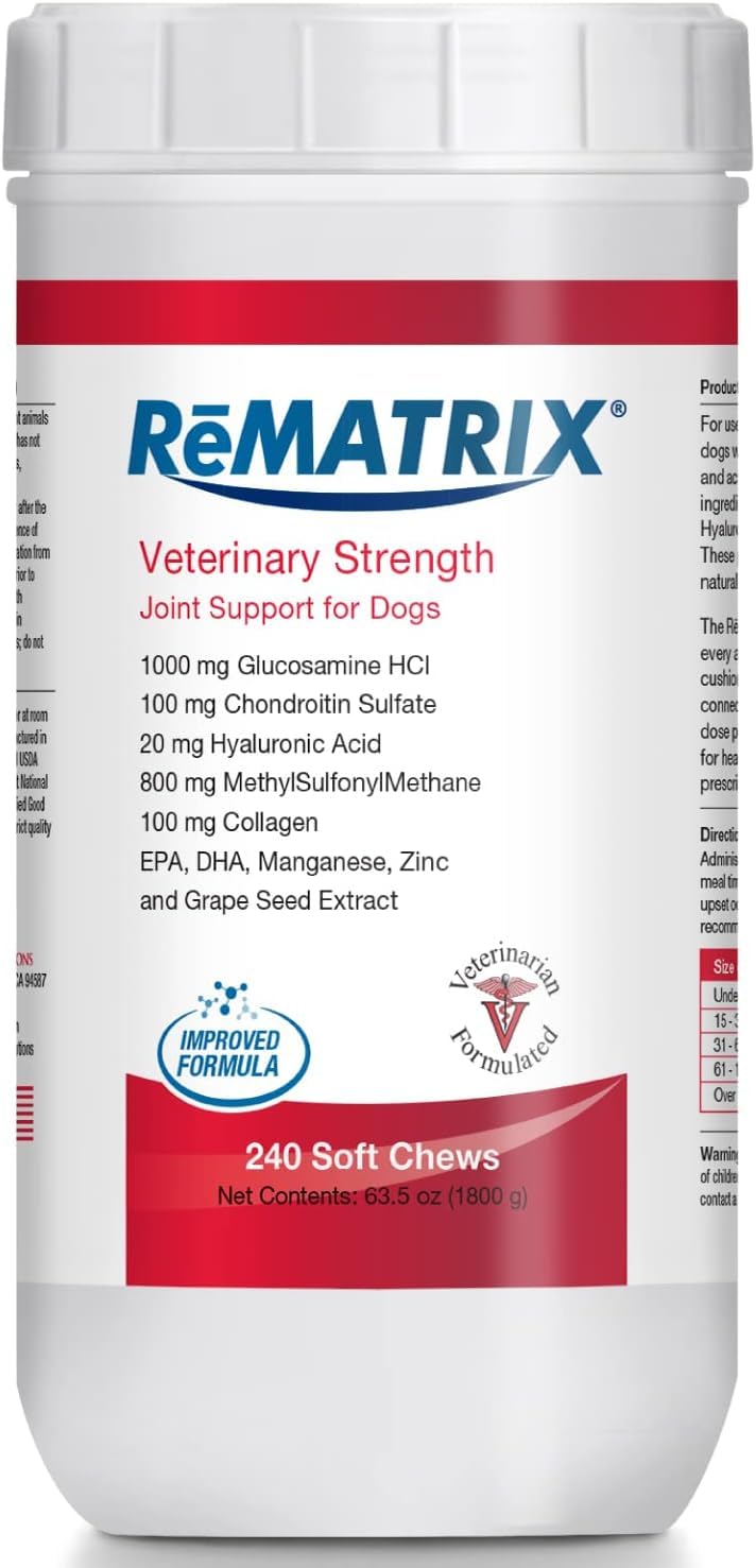 ReMATRIX Joint Support Supplement for Dogs - Glucosamine, Chondroitin, MSM, Omega-3 - Hip and Joint Pain Relief and Support for Dogs - Made in USA - 240 Soft Chews