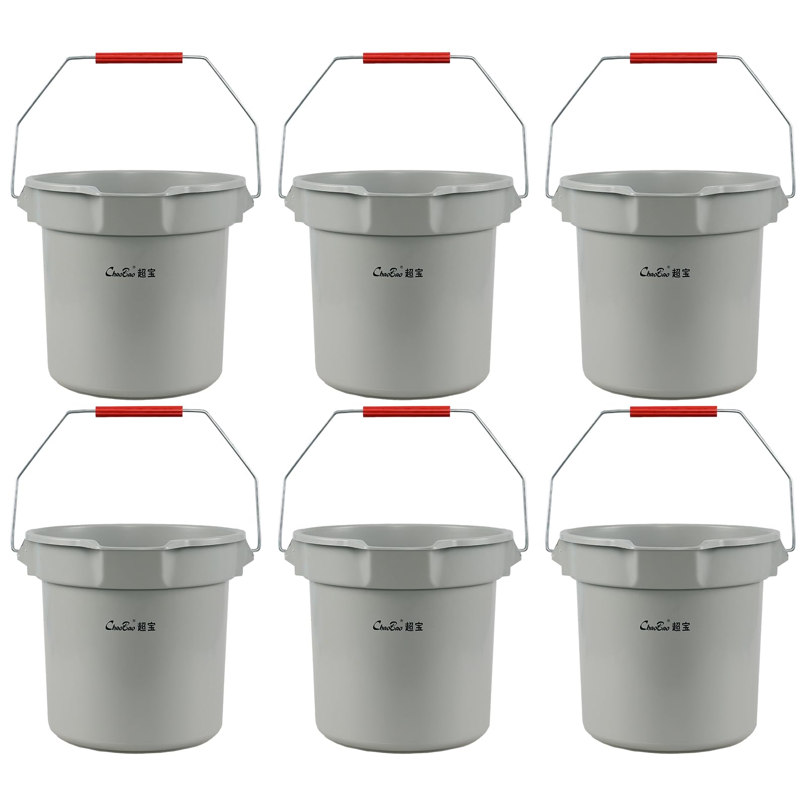 Tyminin 6 Pcs Commercial Bucket with Ergonomic Handle, 14-Quart Heavy-Duty Round Bucket, Sturdy Cleaning Pail Bucket, Grey, 3.5 Gallon