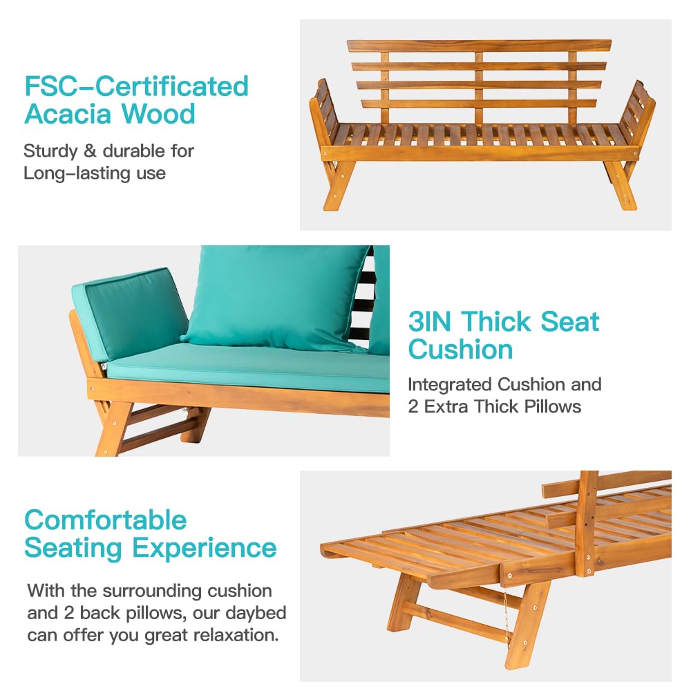 Panana Acacia Wood Convertible Couch Sofa Bed Adjustable Armrest Folding Daybed Collapsible Chaise Lounge w/Cushions Outdoor Loveseat for Garden Patio Poolside Turquoise