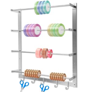 battipaw 4-tier ribbon wall holder, ribbon wall rack with sliding hooks, wall mounted ribbon organizer, sewing thread wall holder, metal wall rack for wire spools, fabric, scarves, belts, towels