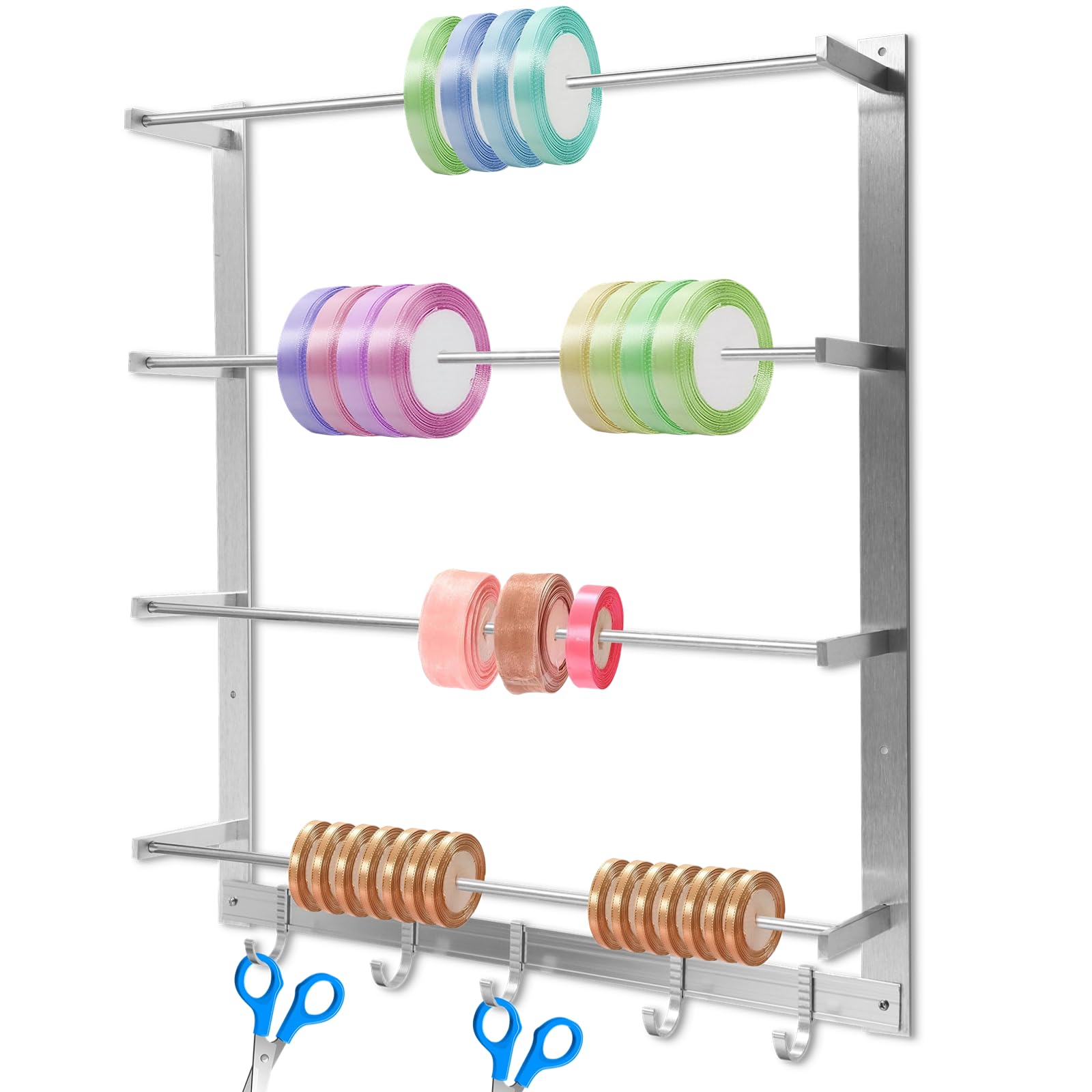 BATTIPAW 4-Tier Ribbon Wall Holder, Ribbon Wall Rack with Sliding Hooks, Wall Mounted Ribbon Organizer, Sewing Thread Wall Holder, Metal Wall Rack for Wire Spools, Fabric, Scarves, Belts, Towels