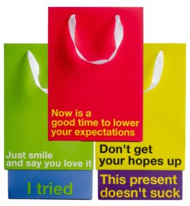 milktoast brands 5-piece funny gift bags set – colorful medium gift bags with handles, kraft bags for birthday, holiday, office party, white elephant, men, women, teens, and adults