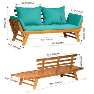 Panana Acacia Wood Convertible Couch Sofa Bed Adjustable Armrest Folding Daybed Collapsible Chaise Lounge w/Cushions Outdoor Loveseat for Garden Patio Poolside Turquoise