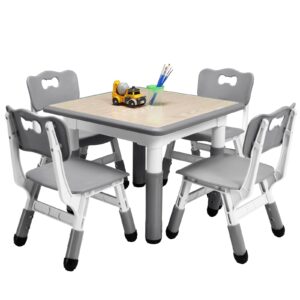 PULLAFUN Kids Table and Chairs Set, Graffiti Desktop Plastic Children Art Table with Seat, Height Adjustable Toddler Table and Chair Set for Kids Ages 3-10