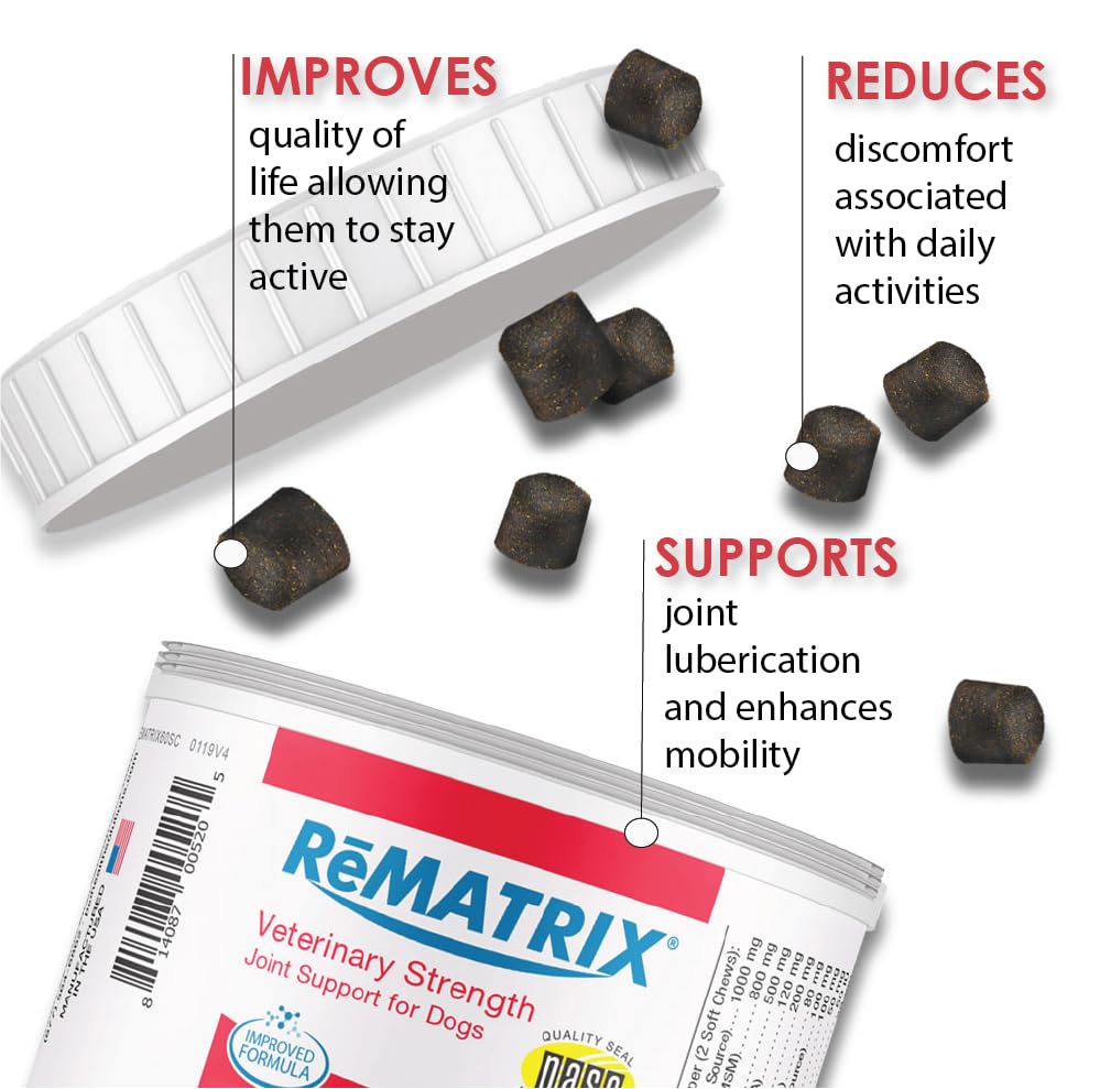 Rematrix Joint Support Supplement for Dogs - Glucosamine, Chondroitin, MSM, Omega-3 - Hip and Joint Pain Relief and Support for Dogs - Made in USA - 60 Soft Chews