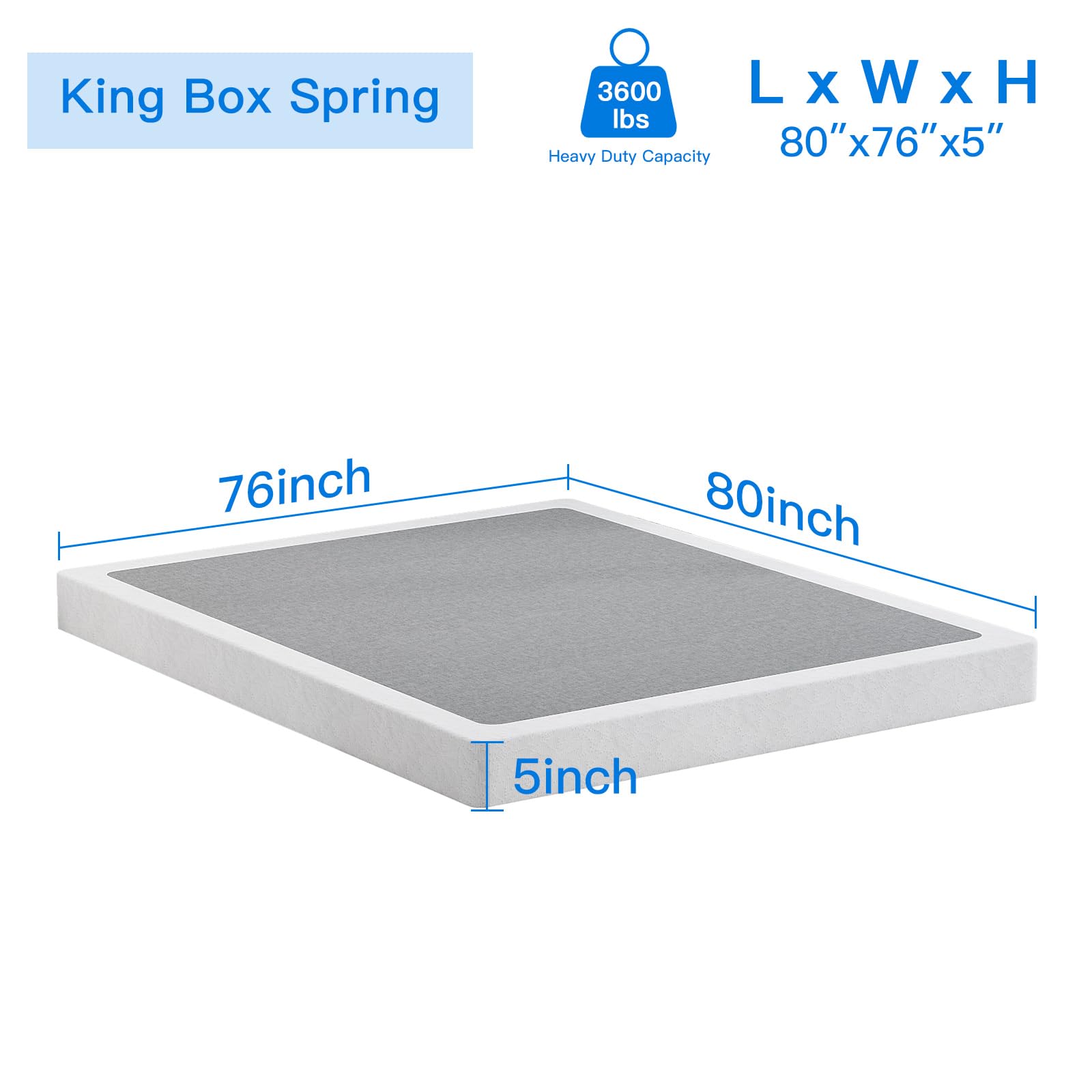 UOMEUR King Box Spring,5 Inch Low Profile Box Spring for King Bed,3500lbs Heavy Duty Metal Mattress Foundation Support with Easy Clean Fabric Cover,Non-Slip/Easy Assembly/No Noise/Box Spring Only