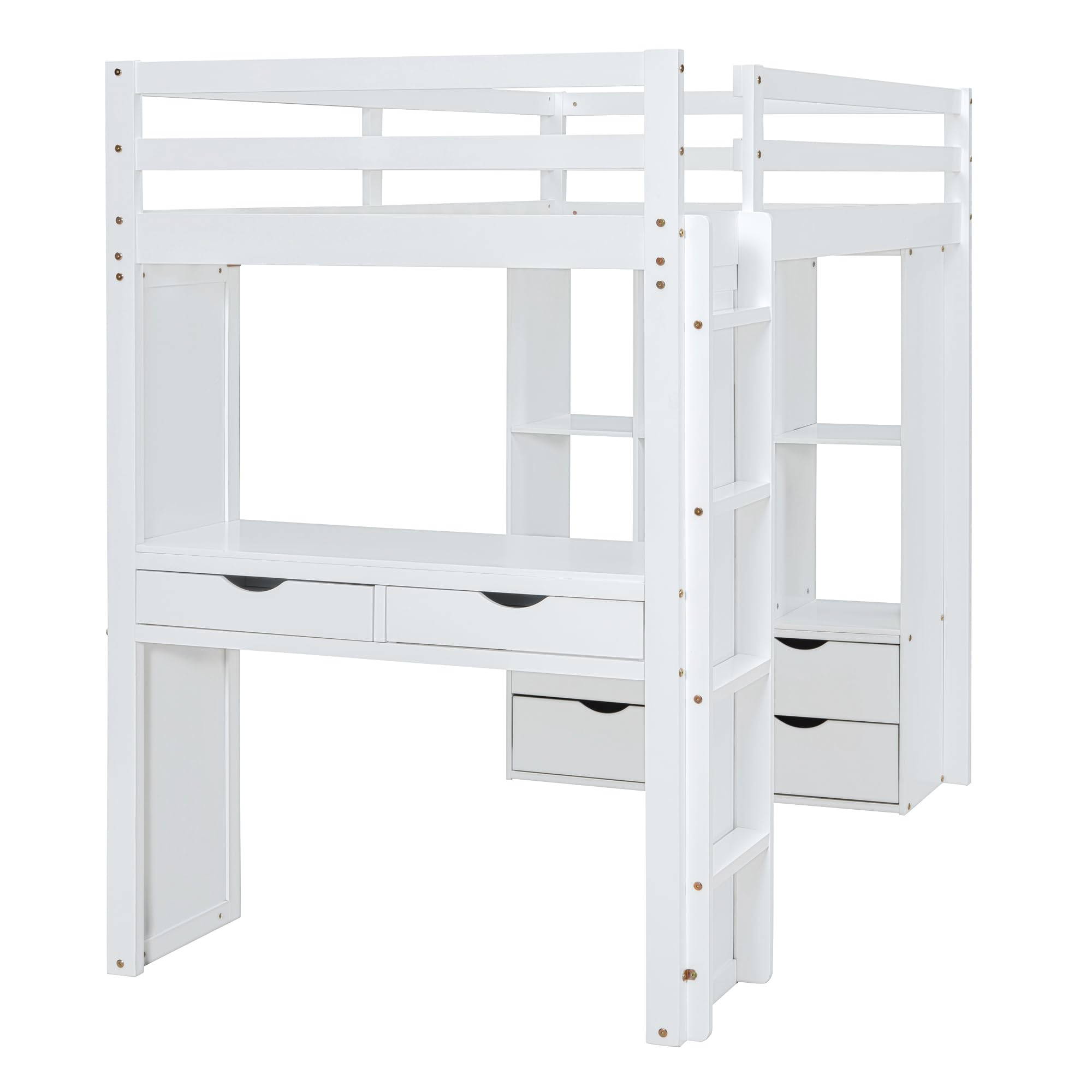 Twin Size Loft Bed with Desk and LED Light, Wood Loft Bed Frame with Storage Shelves and Drawers for Adults Kids Boys Girls, White