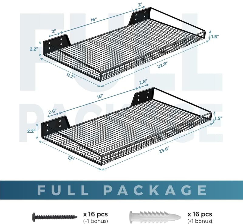 Garage Wall Shelf (2Pack-23.6"x12"x2.2") Steel Wall Shelf Storage Rack, Wall Mount Heavy Duty Metal Shelves Mesh Storage Rack for Garage, Office, Basement and Kitchen, Closet, Laundry Room (2pack)