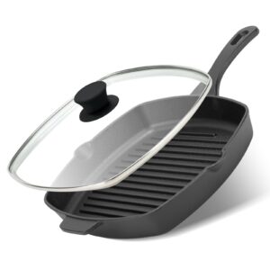 northriver casting 10.5 inch cast iron square grill pan with tempered glass lid, heavy steak & bacon pans for stove tops