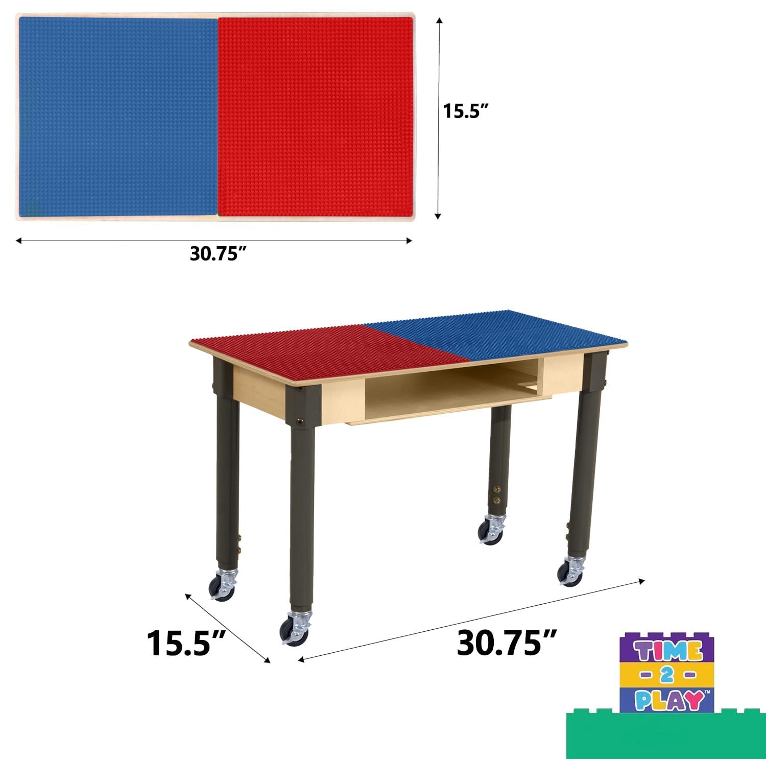 Wood Designs Time-2-Play Montessori Play Table, Reactangular Birch Plywood Red & Blue Lego Compatible Building Blocks Table Built-in Storage with Wheels for Kids [18”-29” Adjustable Legs]