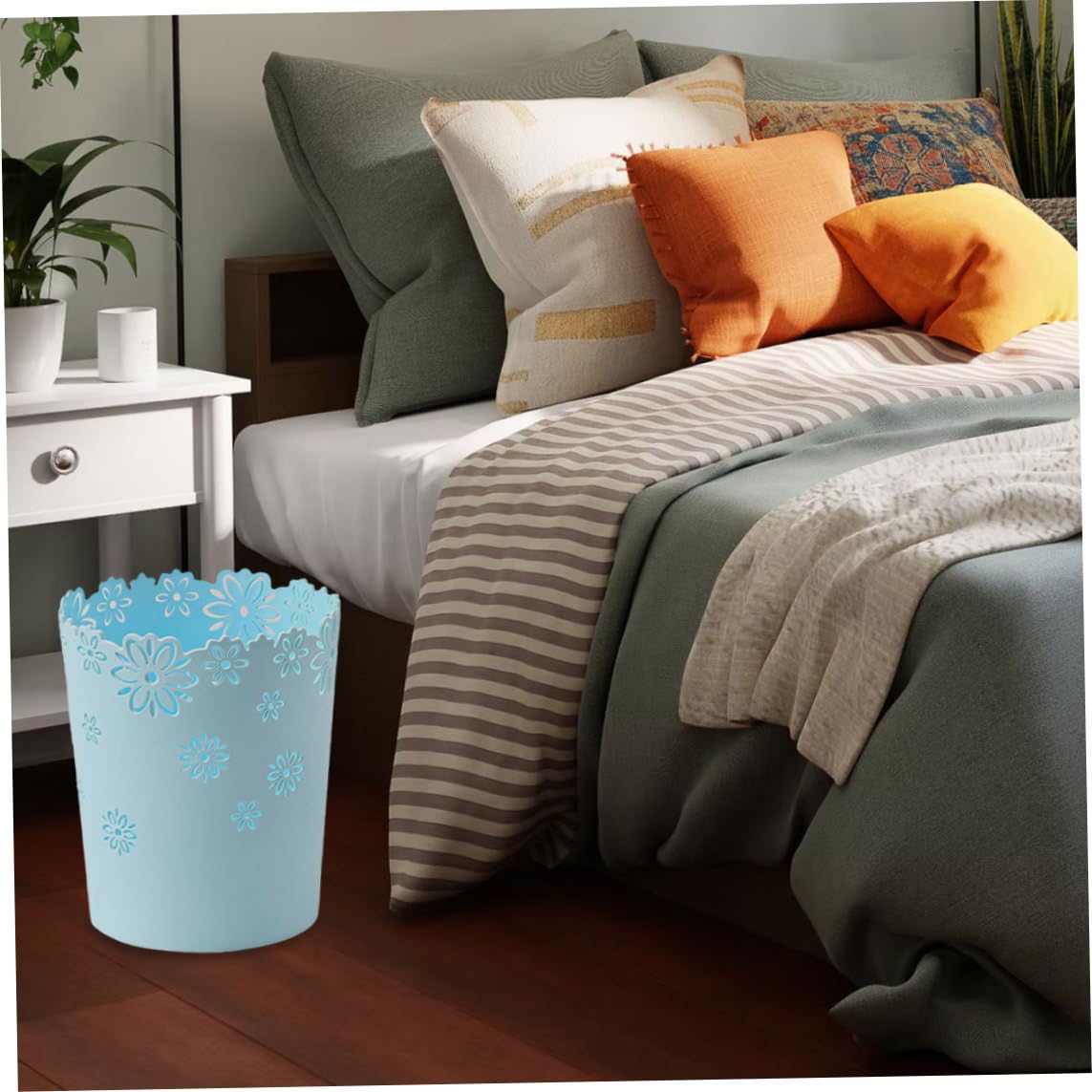 Plastic Trash Can Hollow Flower Wastepaper Basket Round Lidless Garbage Container Bin Blue Paper Basket