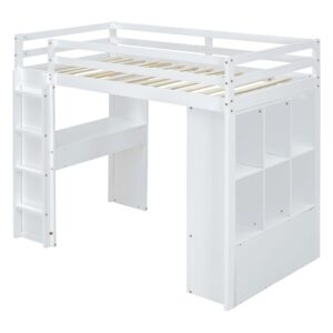 Twin Size Loft Bed with Desk and LED Light, Wood Loft Bed Frame with Storage Shelves and Drawers for Adults Kids Boys Girls, White