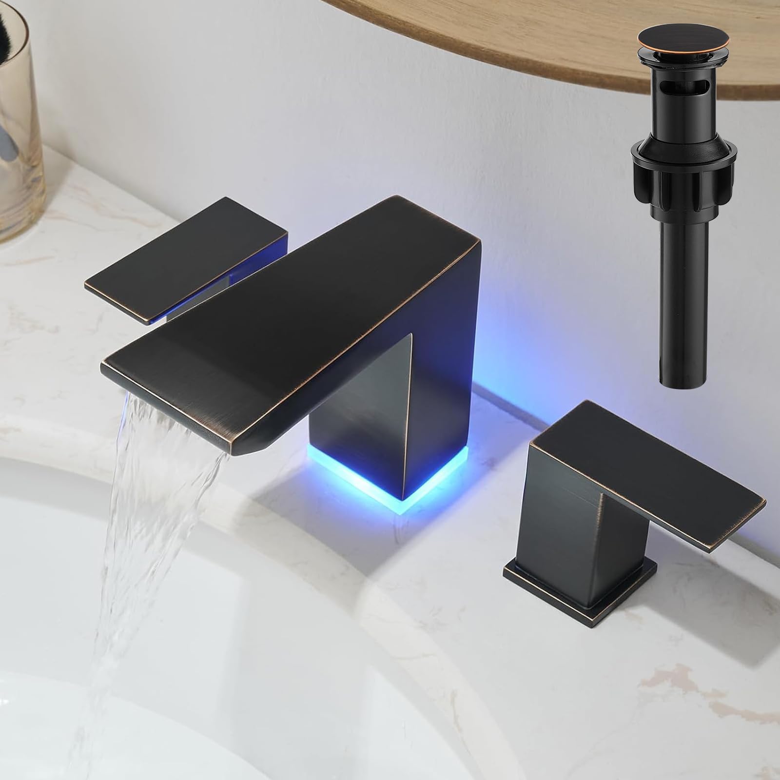 BESy Led 3 Hole Bathroom Sink Faucet, Oil Rubbed Bronze Waterfall Wide Spread Bathroom Faucet with 3 Colors Light Changing, Widespread Vanity Faucet 2 Handle with Supply Lines with Pop Up Drain