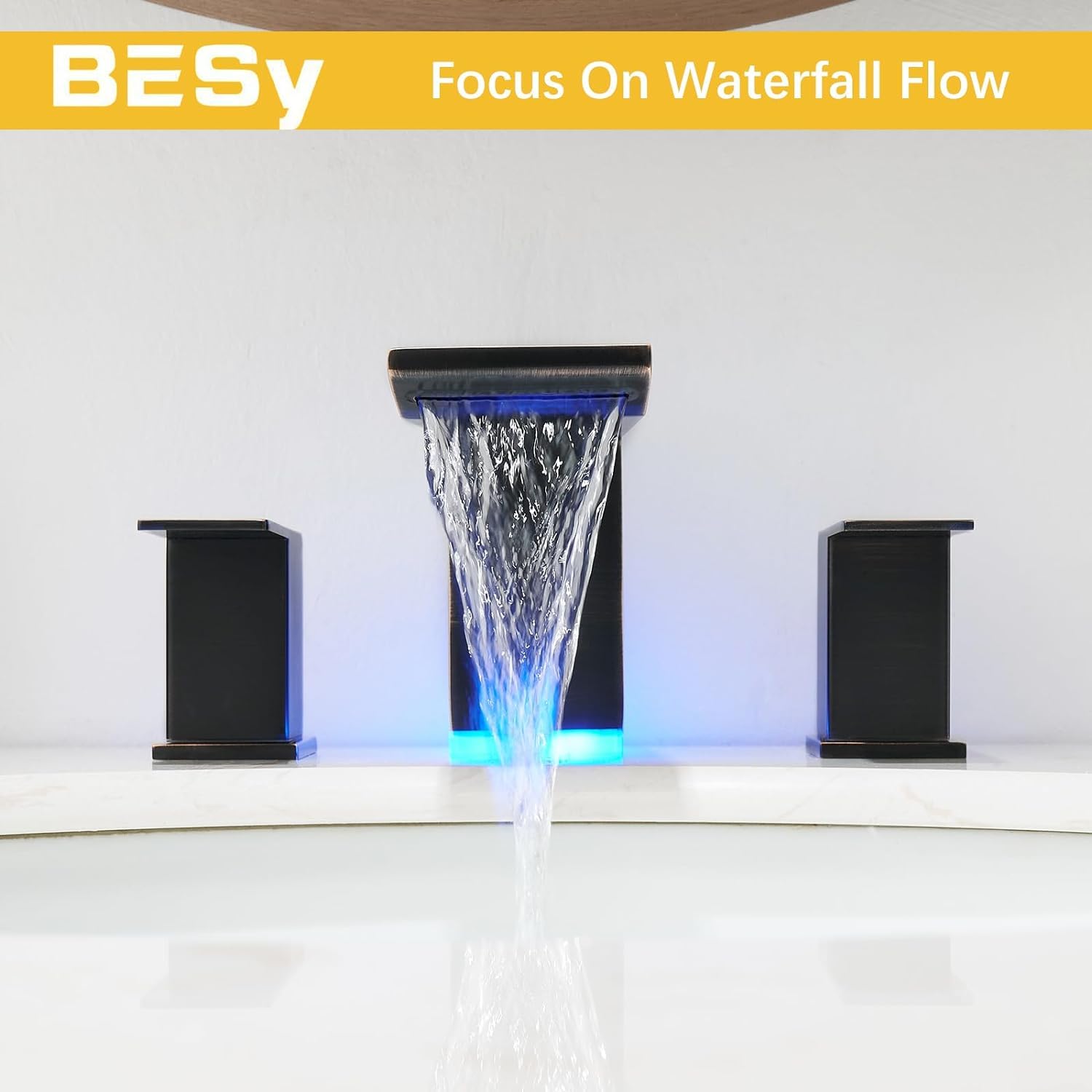 BESy Led 3 Hole Bathroom Sink Faucet, Oil Rubbed Bronze Waterfall Wide Spread Bathroom Faucet with 3 Colors Light Changing, Widespread Vanity Faucet 2 Handle with Supply Lines with Pop Up Drain