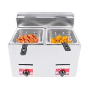 commercial lpg gas deep fryer,12l countertop stainless steel fryer metal tube double deep fryer with 2 frying baskets and 2 lids,for cafeteria french fries, chicken, and more