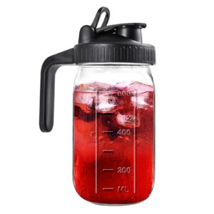 mason jar pitcher, 32 oz glass pitcher with lid double leak-proof with handle water jug wide mouth breast milk pitcher fridge container for water, juice, iced coffee, tea, juice - black