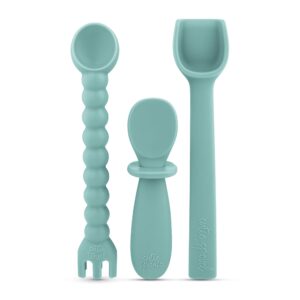 ryan & rose ultimate utensil set of 3 silicone baby spoons silicone baby feeding set for baby led weaning, baby spoons self feeding 6 months, baby utensils, toddler utensils (seaglass)