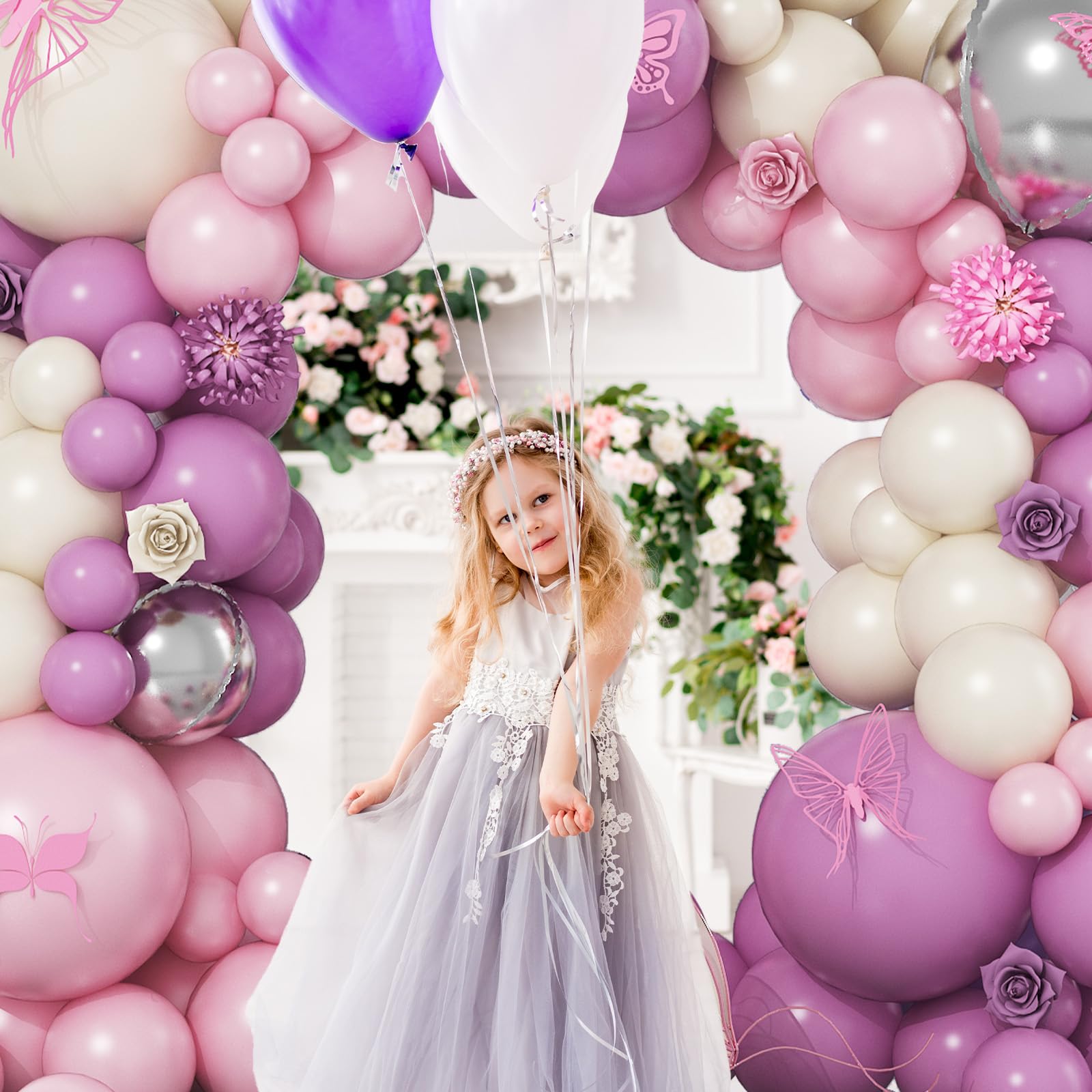 Pink and Purple Balloon Garland Arch Kit, Dusty Pink Lavender Purple Latex Balloons with Silver Foil Balloons for Bridal Baby Shower Wedding Butterfly Birthday Party Decoration