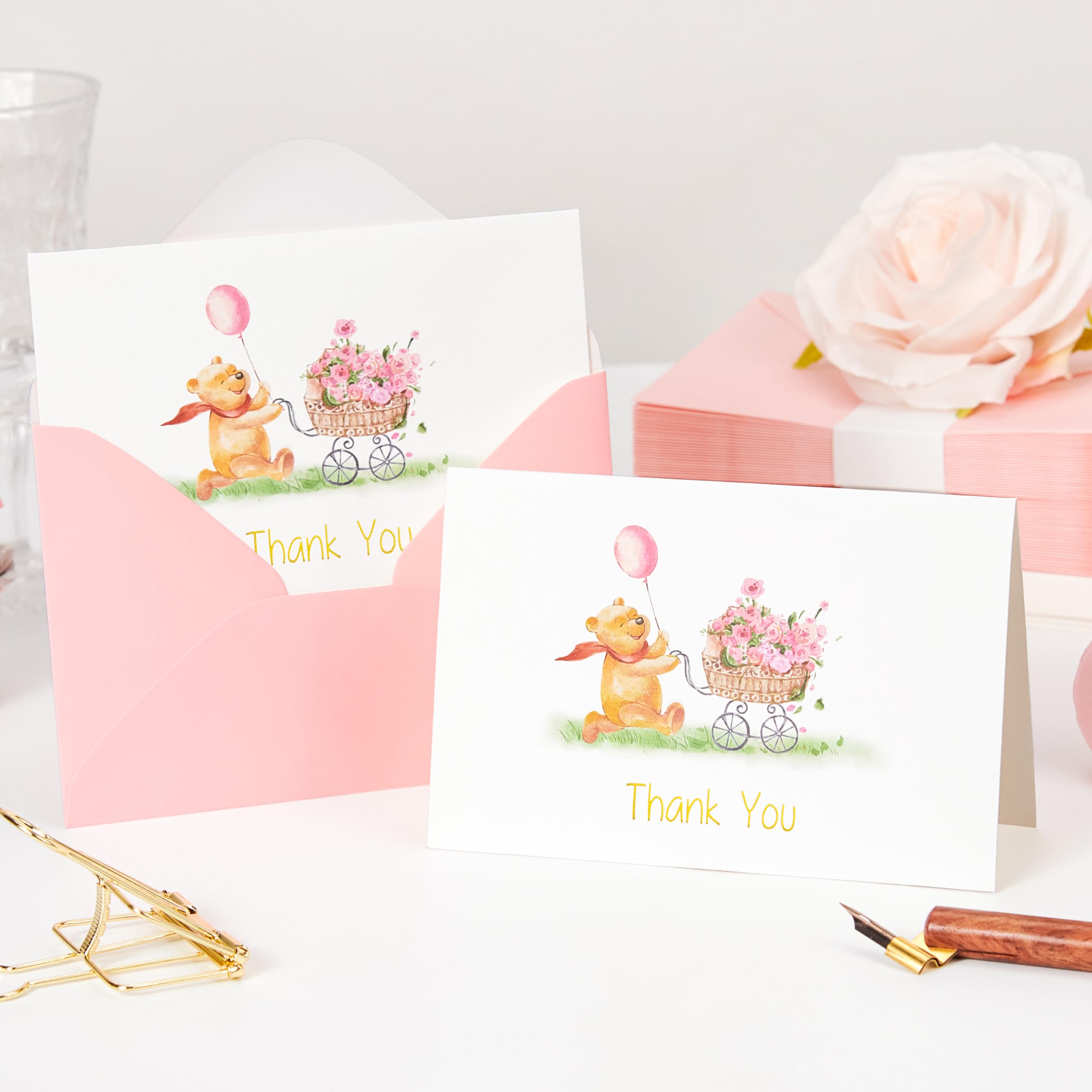 Crisky Baby Shower Girl Thank You Cards with Envelopes 50 Pack Pink Baby Shower Greeting Notes Bulk (Cute Bear with Baby Carriage)