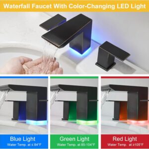 BESy Led 3 Hole Bathroom Sink Faucet, Oil Rubbed Bronze Waterfall Wide Spread Bathroom Faucet with 3 Colors Light Changing, Widespread Vanity Faucet 2 Handle with Supply Lines with Pop Up Drain